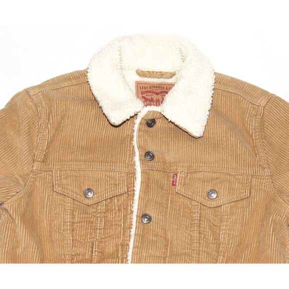 Levi’s Womens Corduroy Cropped Tan Sherpa Fleece Lined Trucker Jacket Size Small - Picture 2 of 9